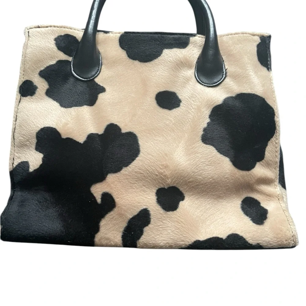 EUC Faux Fur Cow Animal Print Black and Tan Shoulder Tote Bag - Picture 3 of 8